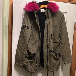 SAM Khaki Jacket with Fuchsia Fur Hood